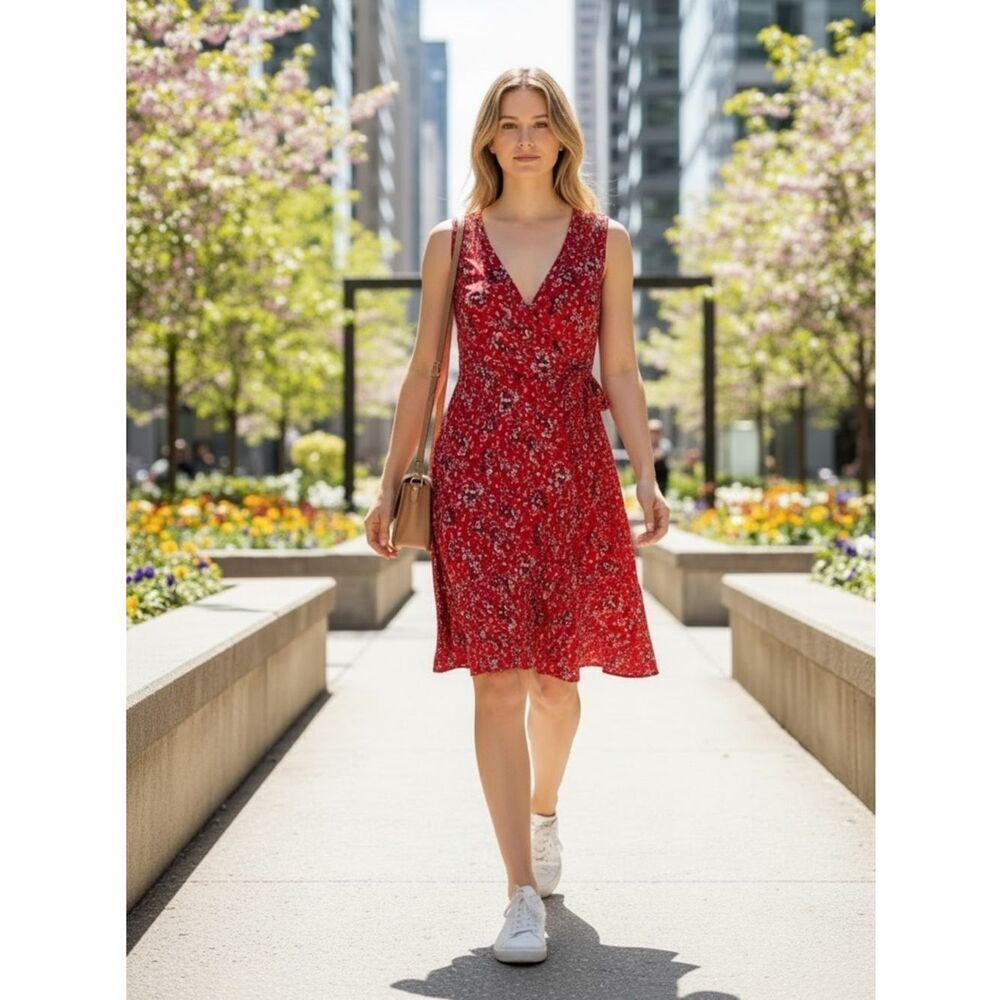 Universal Thread Red Floral Print V Neck Wrap Dress size Small